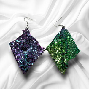 Vintage Y2K Purple & Green Metallic Mesh Dangle Earrings Pierced Avant Garde